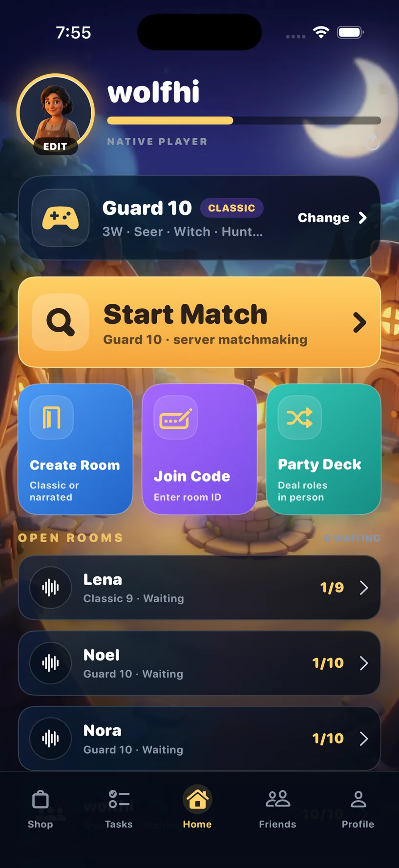 PlayWerewolf iOS home screen showing the player profile, Start Match button, and game mode options