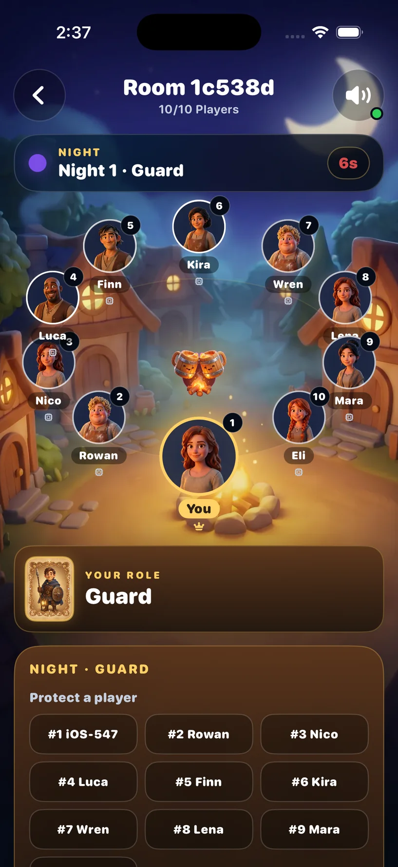 PlayWerewolf iOS night phase showing the Guard role protecting another player