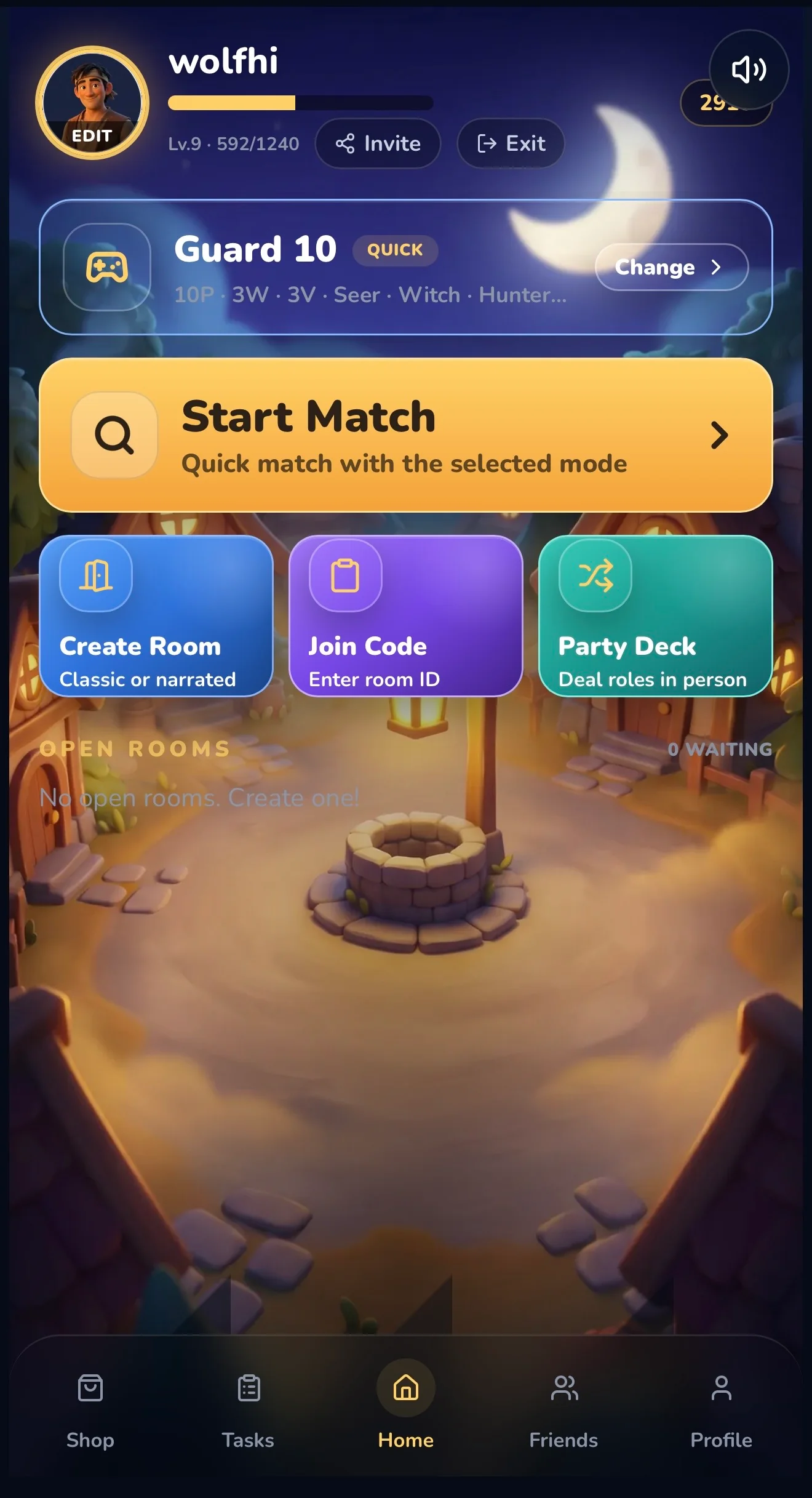 Lobby home screen showing the Party Deck entry button