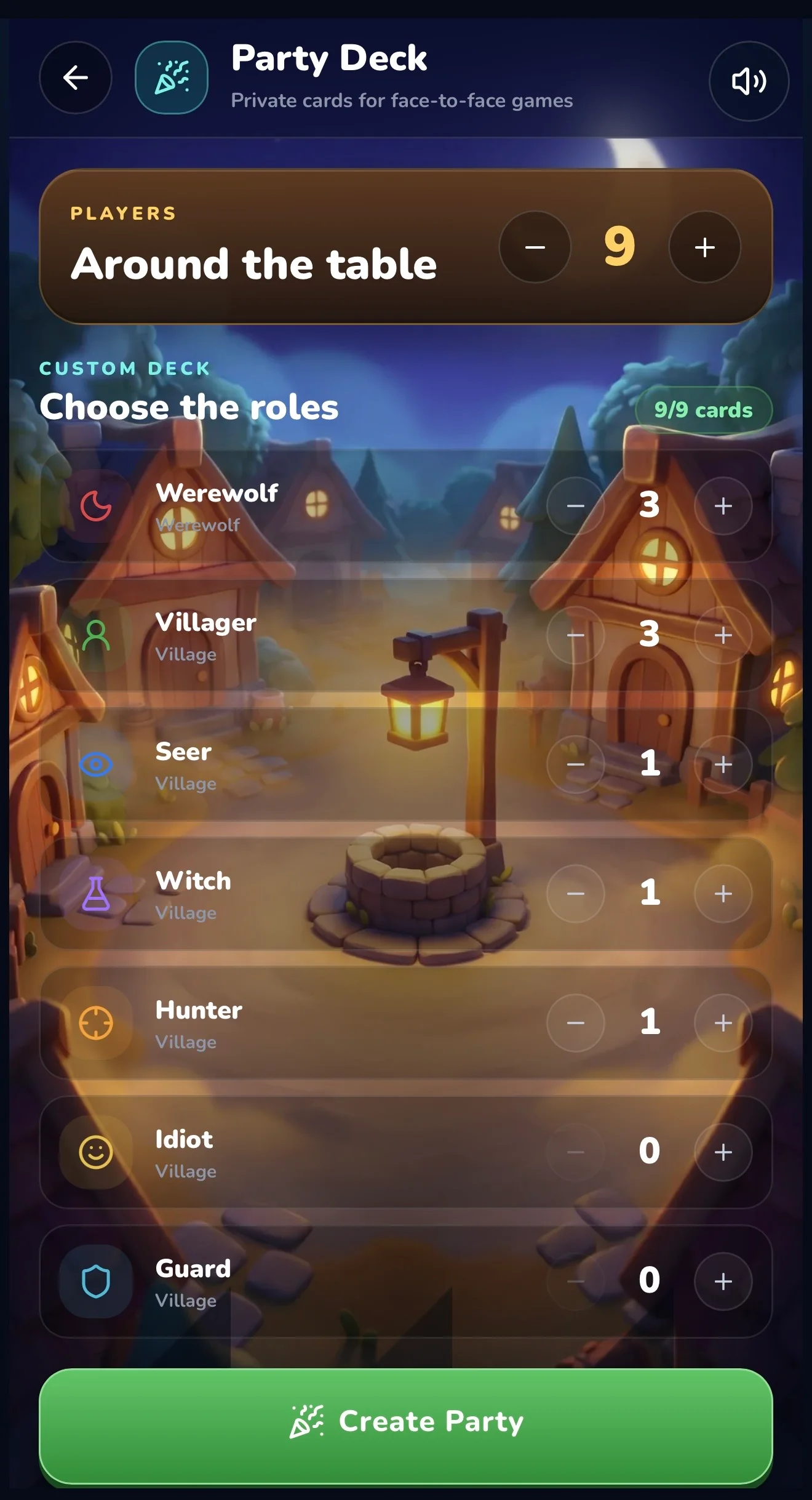 Party Deck role selection screen showing werewolf, villager, seer, witch, hunter, idiot, and guard counts